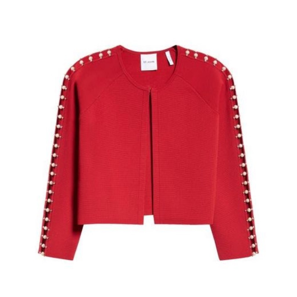 St. John Collection Vibrant Red Blazer with Pearl Embellishments